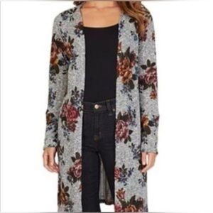 Skonhet Knit Cardigan, Long Length, Gray & Floral, Size:Large